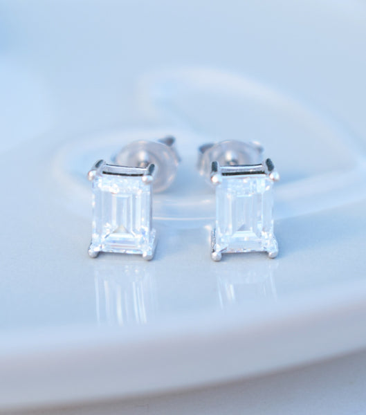 9ct Gold Emerald Cut Cubic Zirconia Studs, earrings - Katherine Swaine