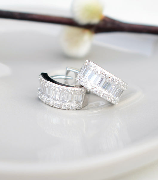 Baguette And Pave Cubic Zirconia Hoop Earrings, earrings - Katherine Swaine