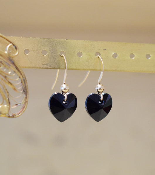 Yellow Gold and Black Crystal Heart Earrings, earrings - Katherine Swaine