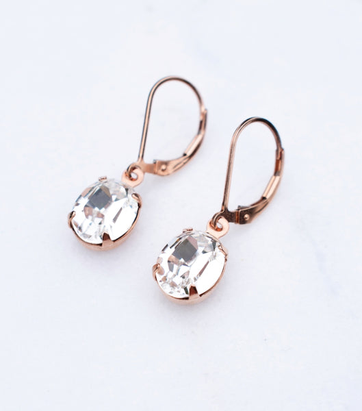 Rose Gold Crystal Oval Leverback Earrings, earrings - Katherine Swaine