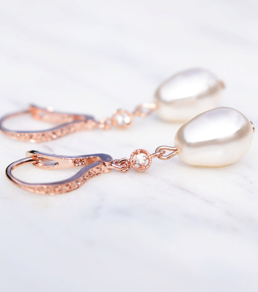 Cubic Zirconia And Pearl Leverback Earrings in Rose Gold, earrings - Katherine Swaine