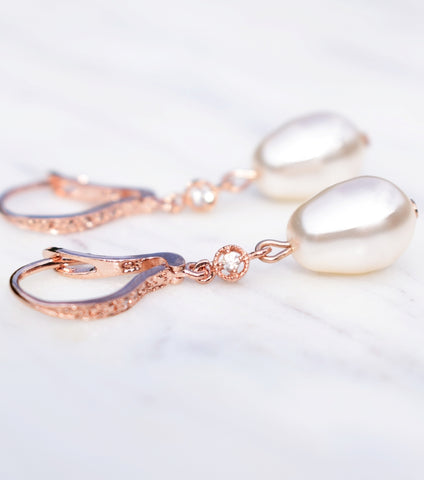 Cubic Zirconia And Pearl Leverback Earrings in Rose Gold, earrings - Katherine Swaine