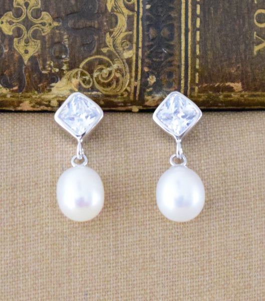 Cultured Pearl And Cubic Zirconia Drop Earrings, earrings - Katherine Swaine