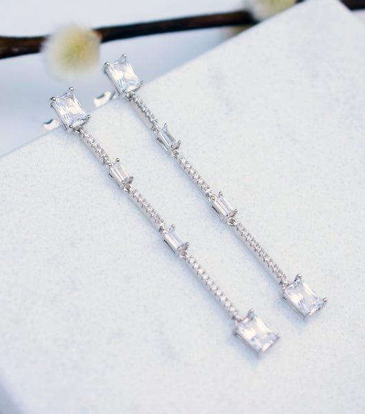 Emerald And Baguette Cubic Zirconia Long Drop Earrings, earrings - Katherine Swaine