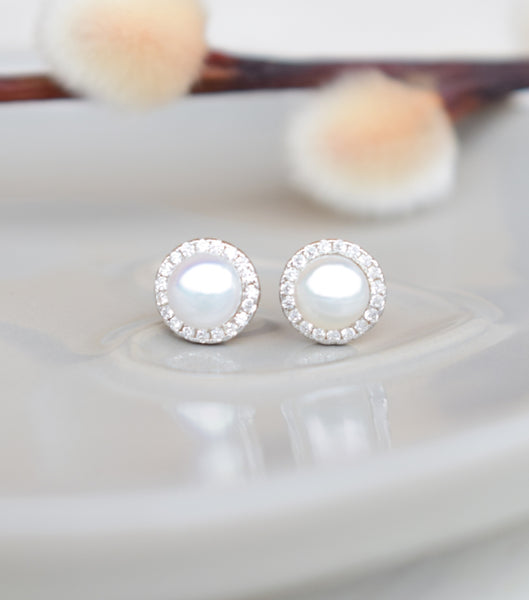 Freshwater Pearl Stud Earrings With Cubic Zirconia, earrings - Katherine Swaine