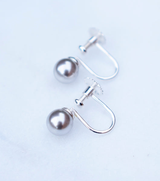 Light Grey Pearl Sterling Silver Screw Back Earrings