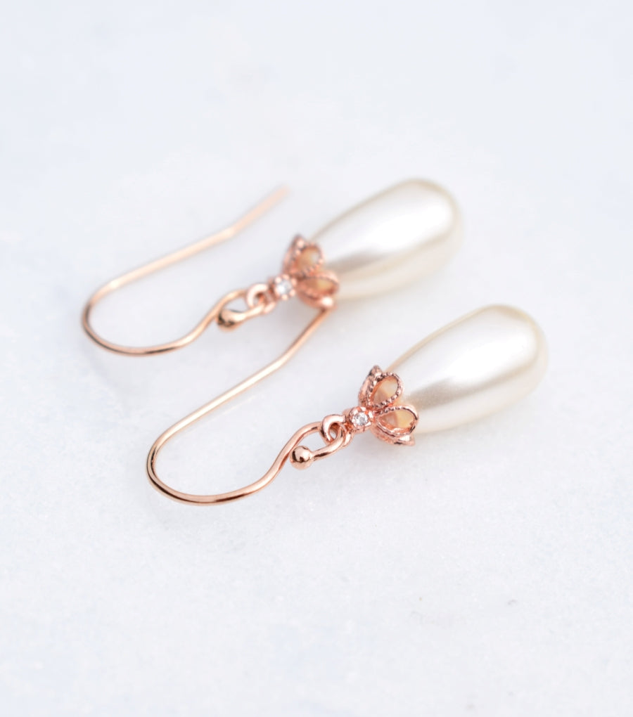 Open Flower Pearl Drop Earrings in Rose Gold, earrings - Katherine Swaine
