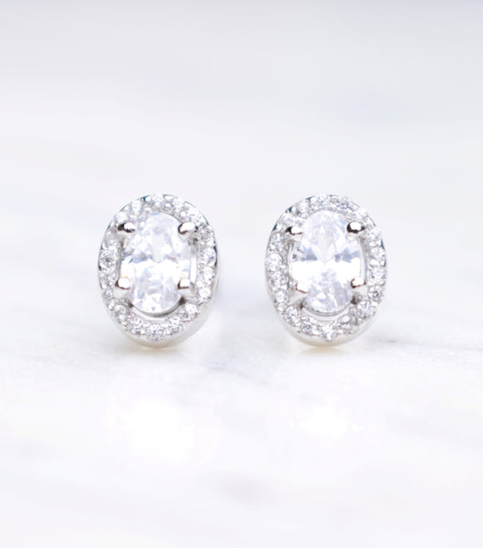 Oval Halo Cubic Zirconia Stud Earrings, earrings - Katherine Swaine