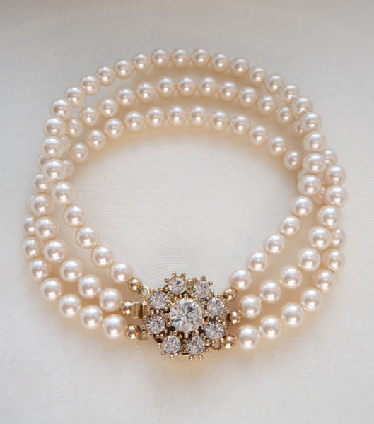 Gold Rhinestone Flower Three String Pearl Bracelet, bracelet - Katherine Swaine