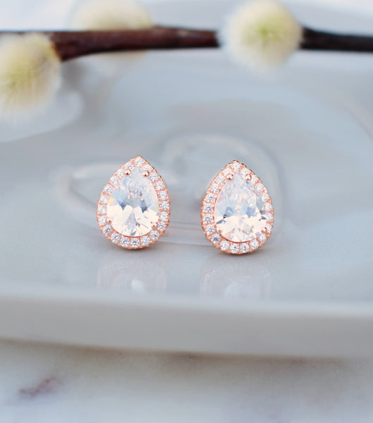 Rose Gold Teardrop Cubic Zirconia Stud Earrings, earrings - Katherine Swaine