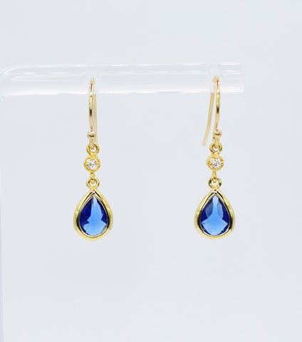 Sapphire Blue Long Teardrop Gold Plated Hook Earrings