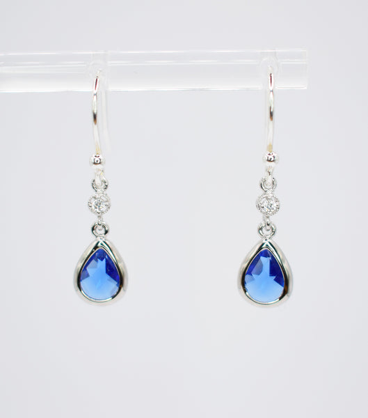 Sapphire Blue Long Teardrop Silver Plated Hook Earrings