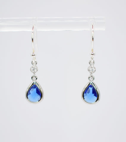 Sapphire Blue Long Teardrop Silver Plated Hook Earrings