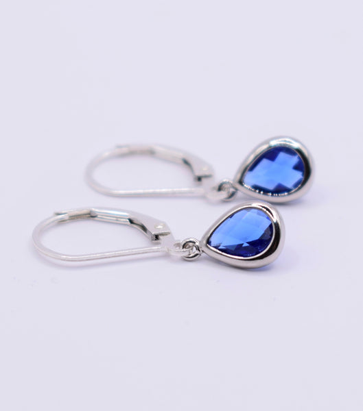 Sapphire Blue Silver Teardrop Leverback Earrings
