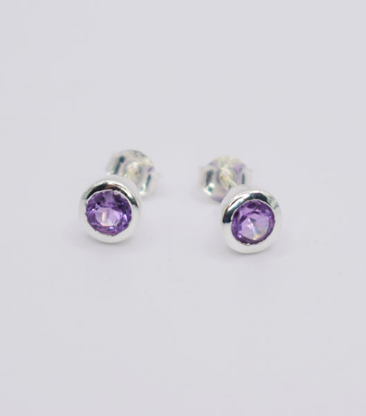 Silver Amethyst Round Stud Earrings