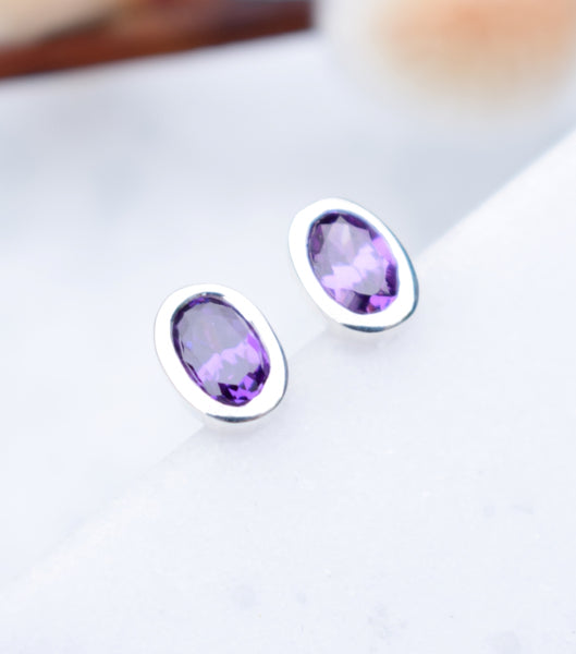 Silver Amethyst Oval Stud Earrings, earrings - Katherine Swaine