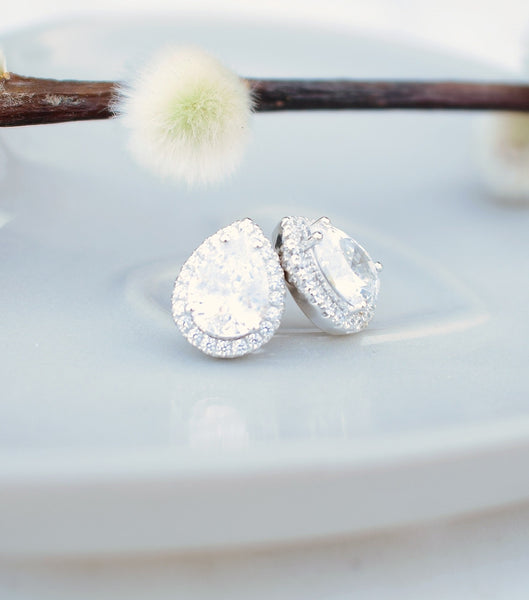 Silver Teardrop Cubic Zirconia Stud Earrings, earrings - Katherine Swaine