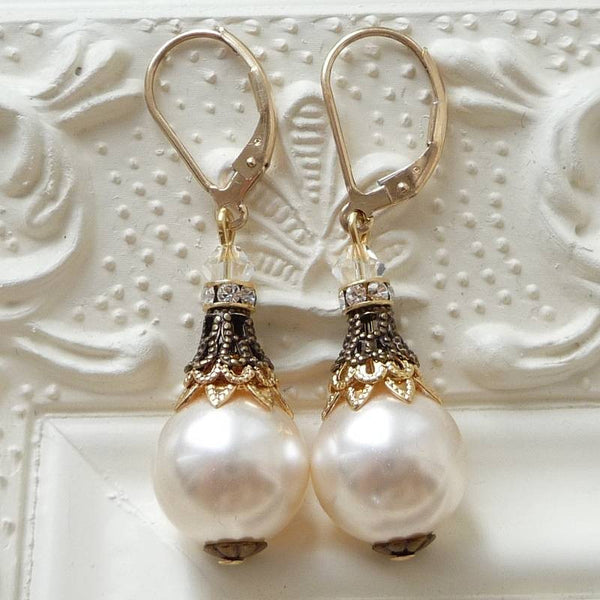 Orecchini A Monachella In Argento 925 Con Perla D'Acqua Dolce E Zirconi - 33x7 Mm - Gioiello Da Sposa