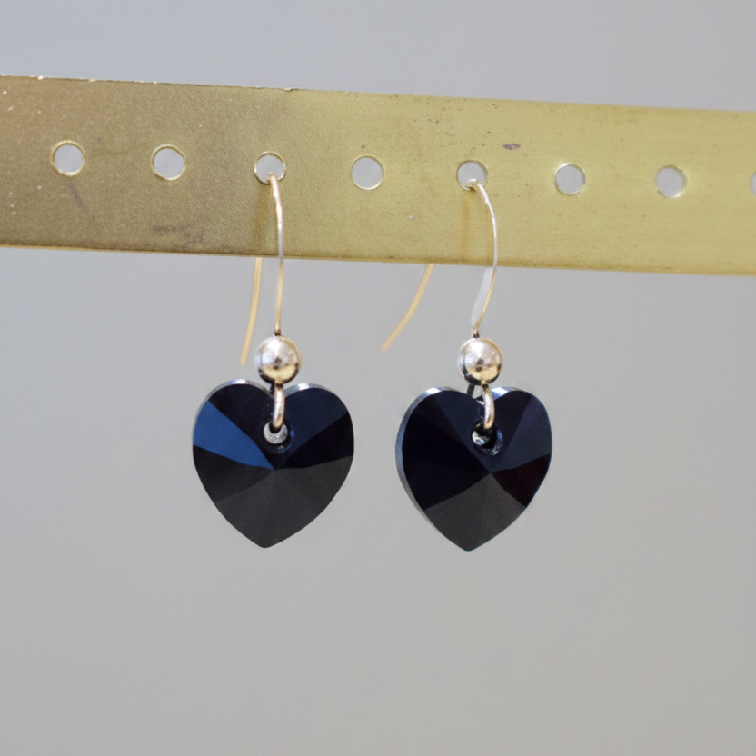 Yellow Gold and Black Crystal Heart Earrings