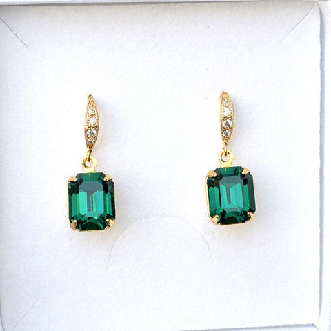 Emerald Green and Gold Cubic Zirconia Fishhook Earrings
