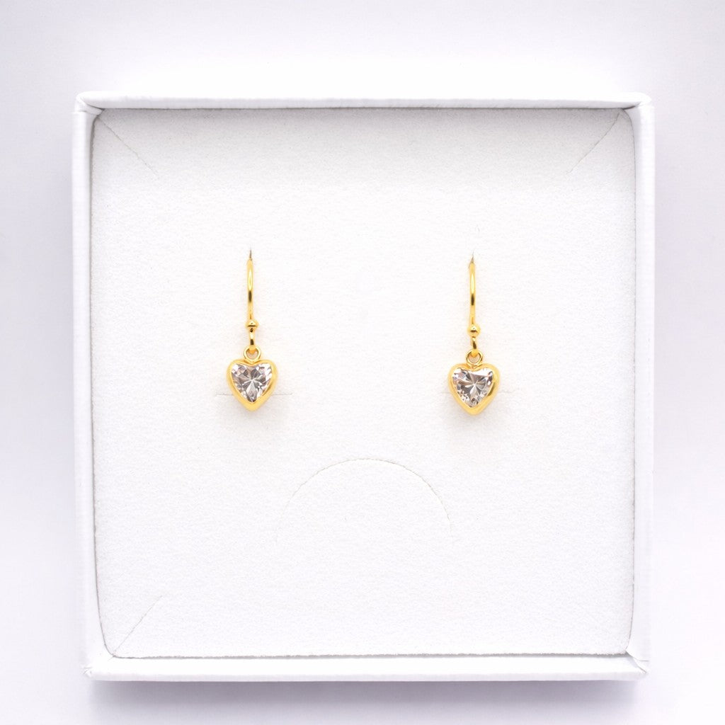 Gold Plated Clear Cubic Zirconia Heart Drop Earrings