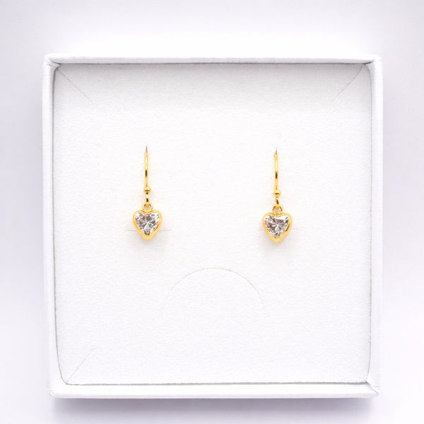 Gold Plated Clear Cubic Zirconia Heart Drop Earrings