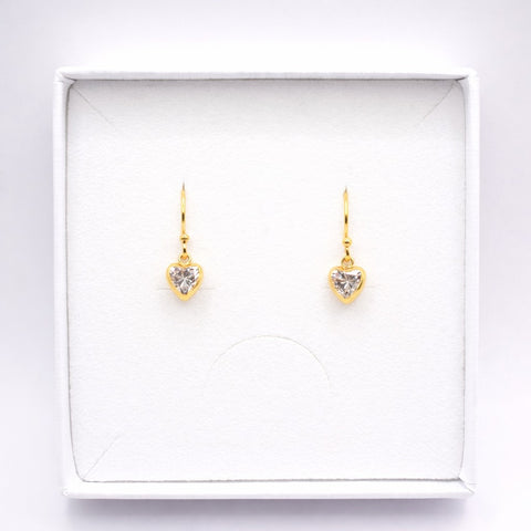 Gold Plated Clear Cubic Zirconia Heart Drop Earrings