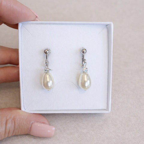 Rhinestone And Teardrop Pearl Clip On Earrings