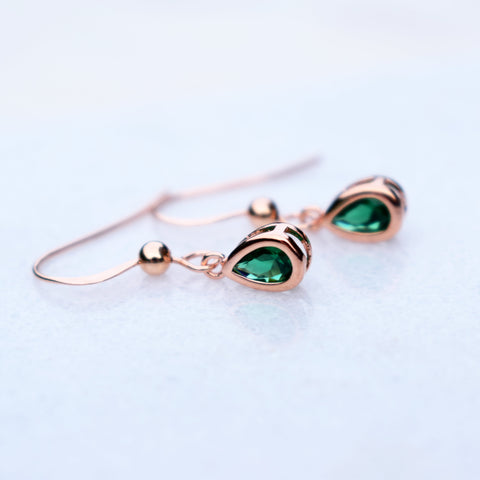 Rose Gold Plated Emerald Green Teardrop Birthstone Earrings