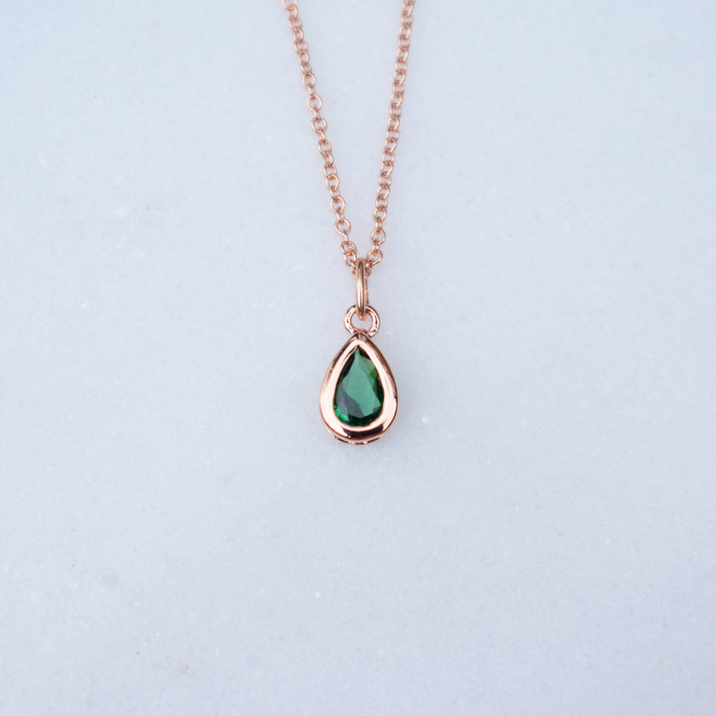 Rose Gold Plated Emerald Green Teardrop Birthstone Necklace