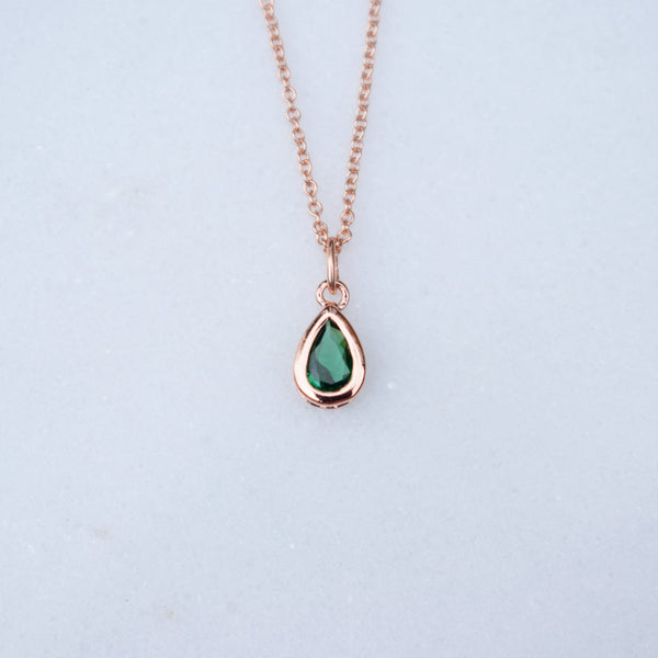 Rose Gold Plated Emerald Green Teardrop Birthstone Necklace