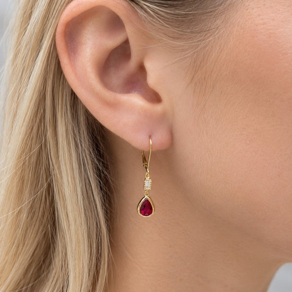 Garnet Red Deco Long Teardrop Leverback Earrings