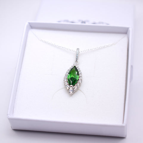 Silver Emerald Green Marquise Pendant Necklace