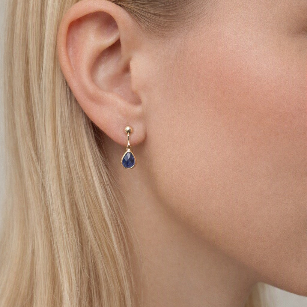 Yellow Gold Plated Sapphire Blue Teardrop Clip On Earrings