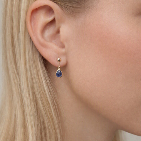 Yellow Gold Plated Sapphire Blue Teardrop Clip On Earrings
