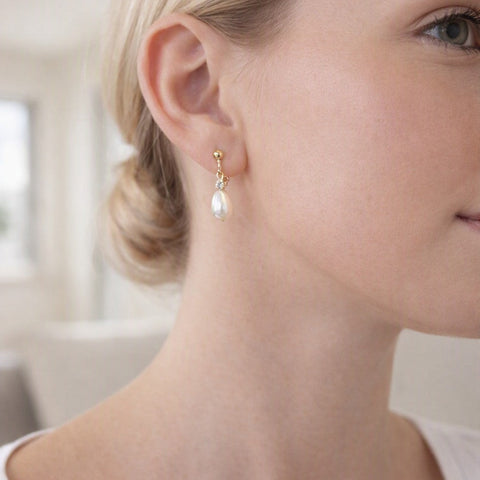 Rhinestone And Teardrop Pearl Clip On Earrings - Yellow Gold Plated