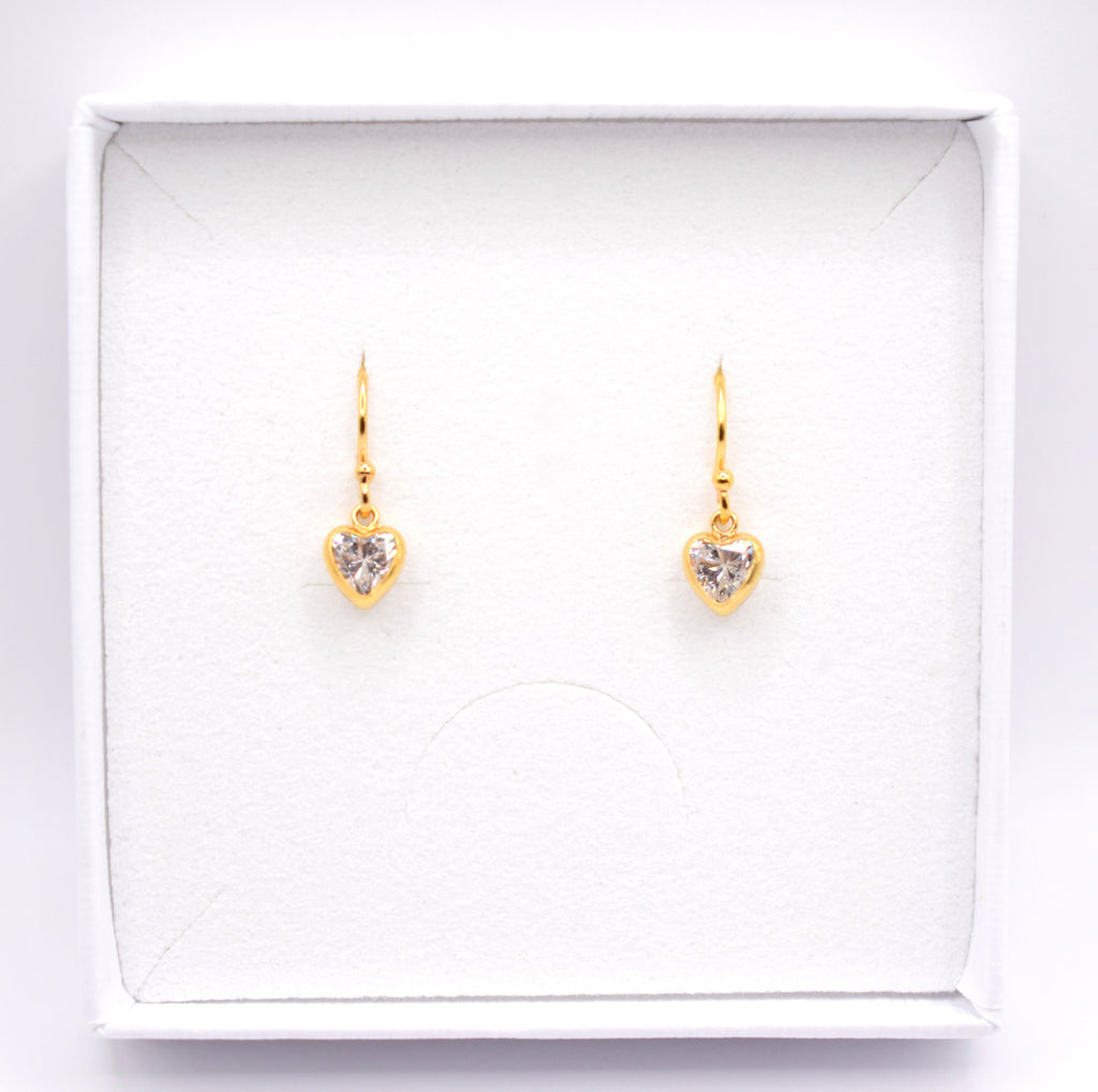 Gold Plated Clear Cubic Zirconia Heart Drop Earrings