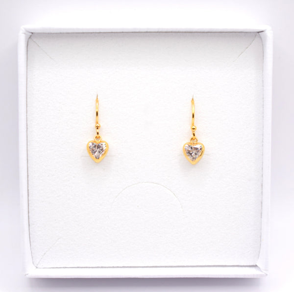 Gold Plated Clear Cubic Zirconia Heart Drop Earrings