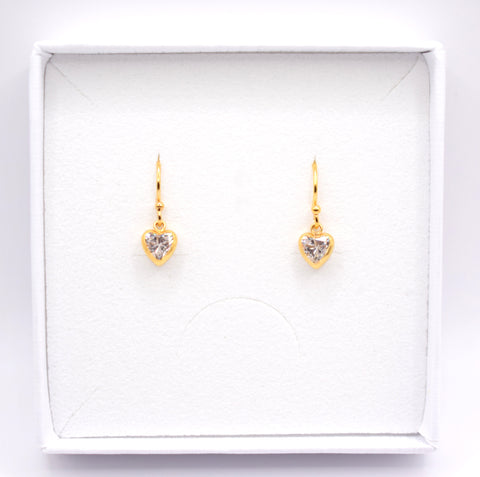 Gold Plated Clear Cubic Zirconia Heart Drop Earrings