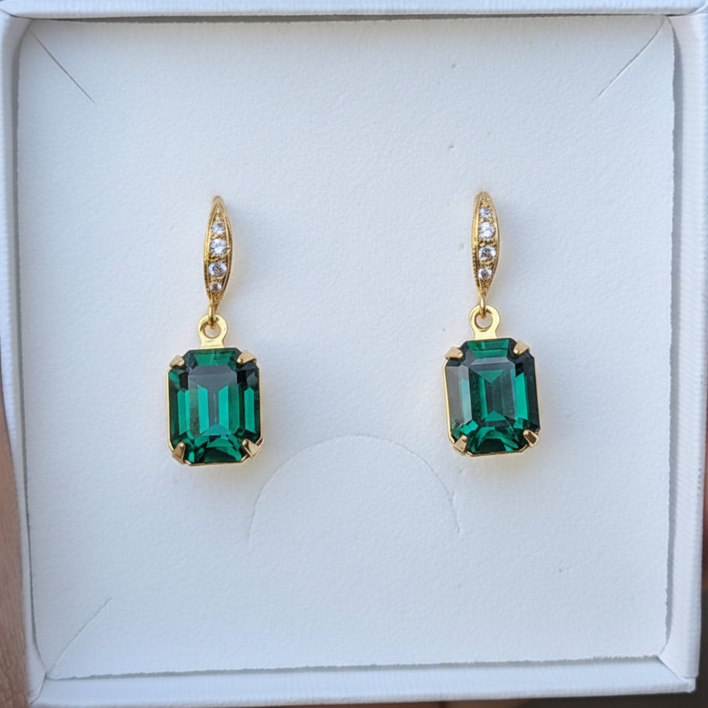 Emerald Green and Gold Cubic Zirconia Fishhook Earrings