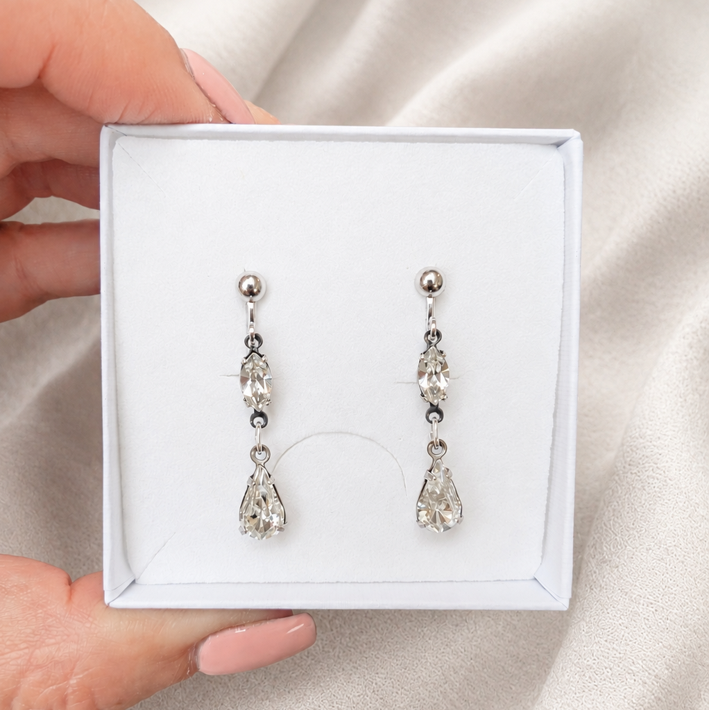 Rhinestone Long Drop Clip On Earrings