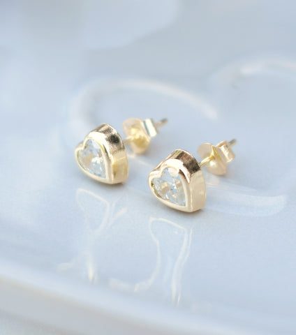 9ct Gold Bezel Set Cubic Zirconia Heart Earrings, earrings - Katherine Swaine