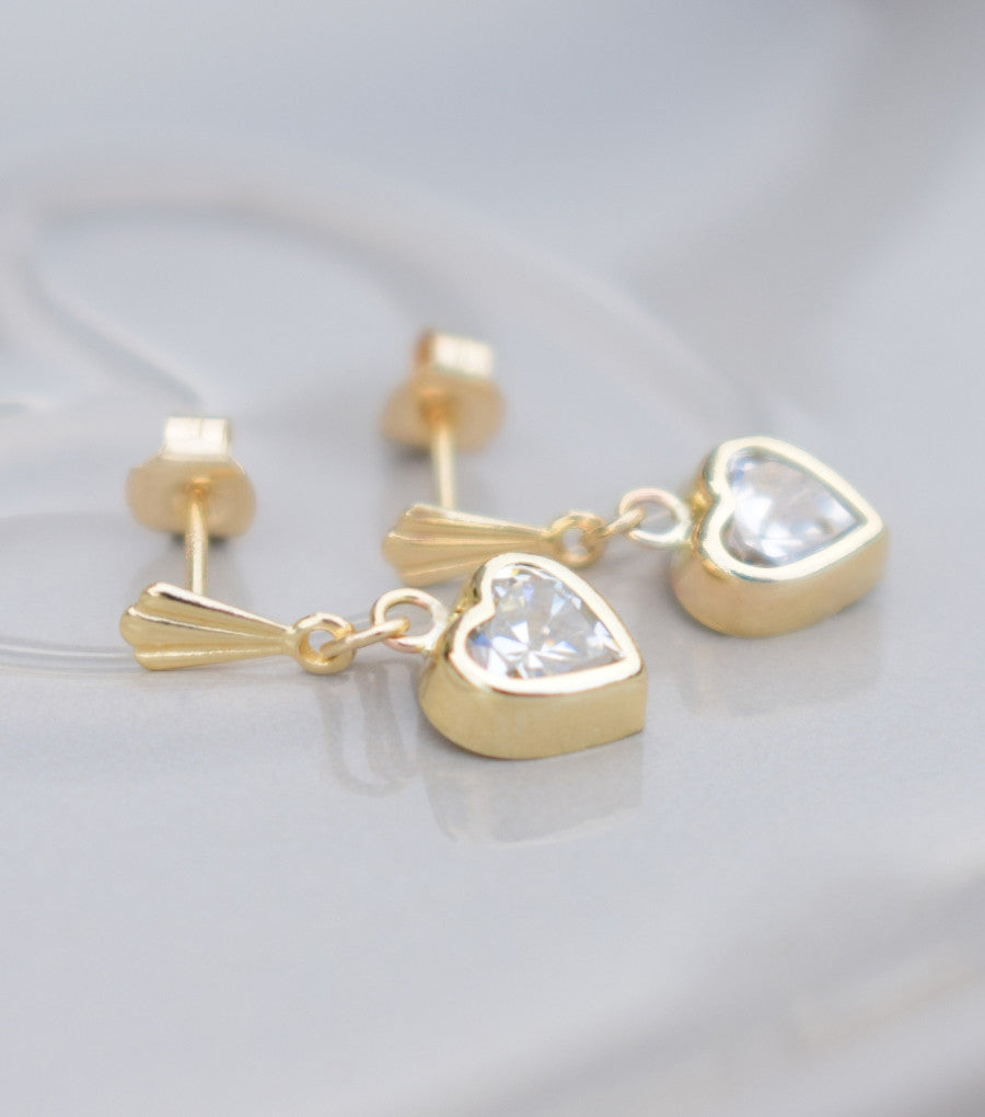 9ct Gold Cubic Zirconia Heart Drop Earrings, earrings - Katherine Swaine