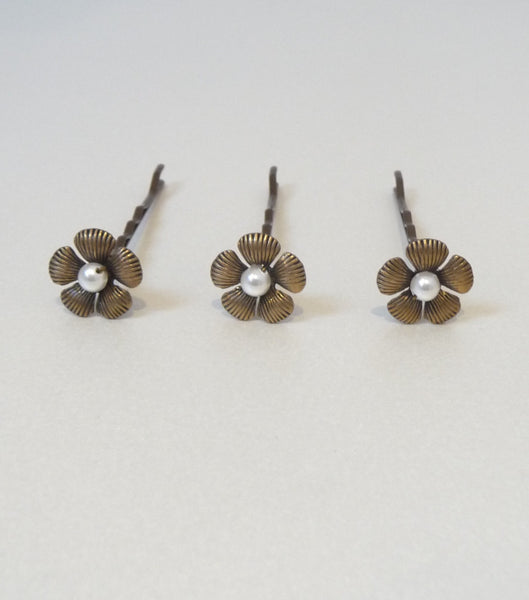 Set Of Three Antique Gold Flower Hair Grips, Hair Pins and Grips - Katherine Swaine