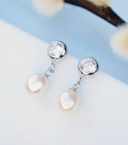 Bezel Cubic Zirconia And Pearl Drop Earrings, earrings - Katherine Swaine