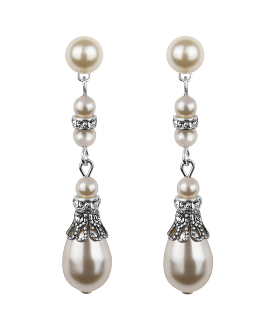 Crystal Filigree And Pearl Long Drop Earrings, earrings - Katherine Swaine