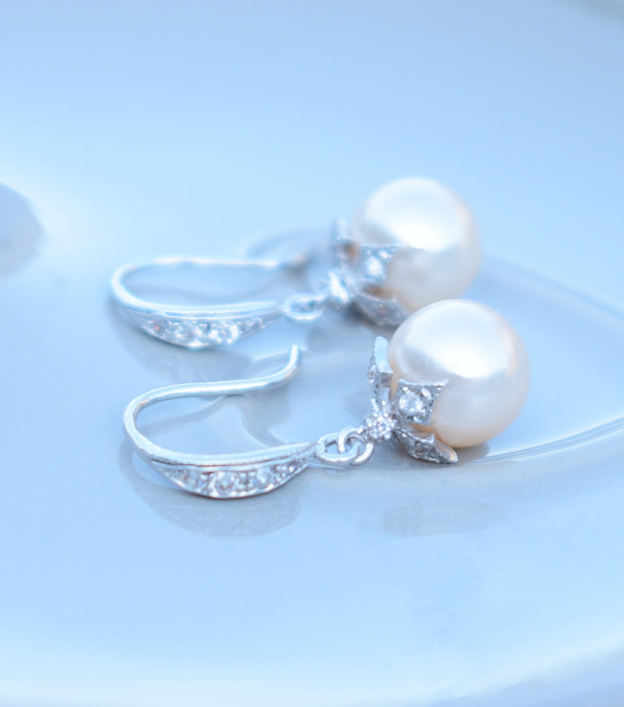 Crystal Embellished Leaf Pearl Drop Earrings, earrings - Katherine Swaine