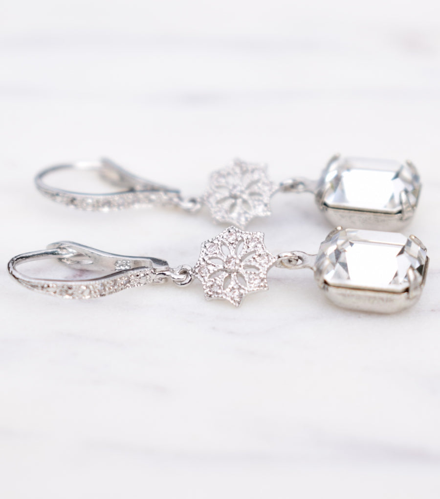 Crystal Filigree Deco Drop Leverback Earrings Wedding Earrings