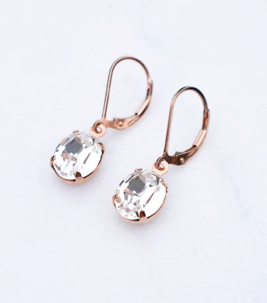 Rose Gold Crystal Oval Leverback Earrings, earrings - Katherine Swaine