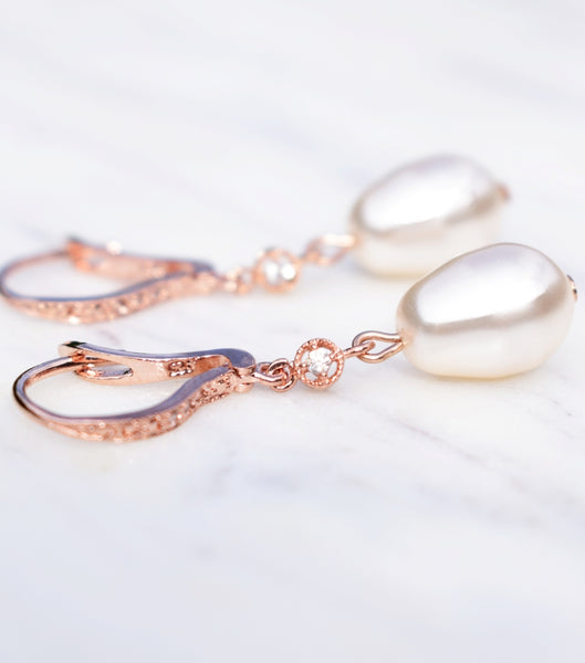 Cubic Zirconia And Pearl Leverback Earrings in Rose Gold, earrings - Katherine Swaine